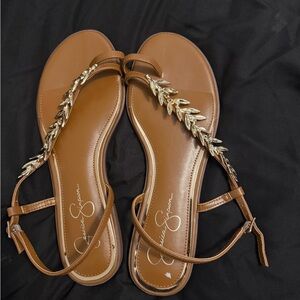 Jessica Simpson Tan Sandals with Gold Leaf Detail